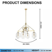 Load image into Gallery viewer, 5 - Light Modern Glass Bell Shade Round Chandelier Diam 35.5", Brass Finish Hardware with Clear Glass, 27.5" Height, 120V, Bulb Type B10, Socket Type E12, Max wattage Per Socket 60W - LEDMyPlace