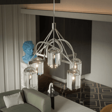 Load image into Gallery viewer, 5 - Light Modern Glass Bell Shade Round Chandelier Diam 35.5", Polished Nickel Finish Hardware with Clear Glass, 27.5" Height, 120V, Bulb Type B10, Socket Type E12, Max wattage Per Socket 60W - LEDMyPlace