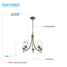 Load image into Gallery viewer, 5 - Lights Chandelier Light - Brass Gold Finish with Clear Glass Shades, E26 Socket, UL Listed for Damp Location, 3 Years Warranty - LEDMyPlace