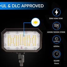 Load image into Gallery viewer, 50W/40W/30W Watt Adjustable LED Flood Light Outdoor 4000K/5000K/5700K CCT Changeable, Knuckle Mount, UL &amp; DLC 5.1 Premium, Bronze, IP65, For Gardens, Court, Lawn, Patio as well as LED Security Light - LEDMyPlace