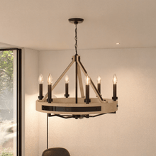 Load image into Gallery viewer, 6 - Light Farmhouse Chandelier, E12 Base, Matte black Finish Hardware with Nature Solid Ashwood - 26“D x 22”H - LEDMyPlace