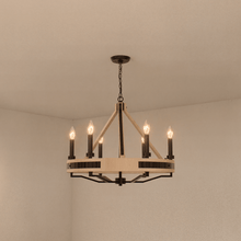 Load image into Gallery viewer, 6 - Light Farmhouse Chandelier, E12 Base, Matte black Finish Hardware with Nature Solid Ashwood - 26“D x 22”H - LEDMyPlace