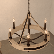 Load image into Gallery viewer, 6 - Light Farmhouse Chandelier, E12 Base, Matte black Finish Hardware with Nature Solid Ashwood - 26“D x 22”H - LEDMyPlace