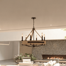 Load image into Gallery viewer, 6 - Light Farmhouse Chandelier, E12 Base, Matte black Finish Hardware with Nature Solid Ashwood - 26“D x 22”H - LEDMyPlace