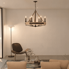 Load image into Gallery viewer, 6 - Light Farmhouse Chandelier, E12 Base, Matte black Finish Hardware with Nature Solid Ashwood - 26“D x 22”H - LEDMyPlace