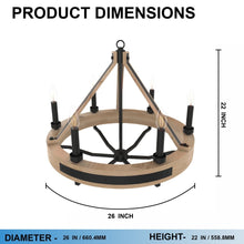 Load image into Gallery viewer, 6 - Light Farmhouse Chandelier, E12 Base, Matte black Finish Hardware with Nature Solid Ashwood - 26“D x 22”H - LEDMyPlace