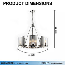 Load image into Gallery viewer, 6 - Light Ring Chandelier Ceiling Light In Chrome Finish with Clear Glass, E12 Base, 120V, Bulb Type B10, Socket type E12, Max wattage Per Socket 60W - 28“D x 22”H - LEDMyPlace