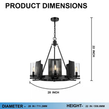 Load image into Gallery viewer, 6 - Light Ring Chandelier Ceiling Light In Matte Black Finish with Clear Glass, E12 Base, Diam 28" Height 22", 120V, Bulb Type B10, Socket type E12, Max wattage Per Socket 60W - LEDMyPlace