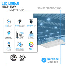 Load image into Gallery viewer, 2FT LED Linear High Bay Shop Light, 110W, 5700K, 15000LM, 120-277VAC, 0-10V Dim, UL DLC Listed, Linear Hanging Light for Warehouse Workshops-2 Pack