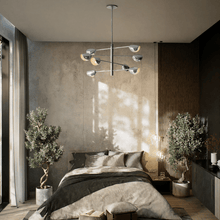 Load image into Gallery viewer, 8 - Light Chandelier Ceiling Light, Curved Disk Shades, Chrome Finish Hardware, 120V, Bulb Type B10, Socket type E12, Max wattage Per Socket 60W - 33.5”D x 18.5“H - LEDMyPlace