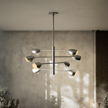 Load image into Gallery viewer, 8 - Light Chandelier Ceiling Light, Curved Disk Shades, Chrome Finish Hardware, 120V, Bulb Type B10, Socket type E12, Max wattage Per Socket 60W - 33.5”D x 18.5“H - LEDMyPlace