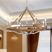 Load image into Gallery viewer, 8 - Light Farmhouse Chandelier Diam 34'', E12 Base, Polished Nickel Finish Hardware with Nature Solid Ashwood - LEDMyPlace