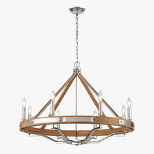Load image into Gallery viewer, 8 - Light Farmhouse Chandelier Diam 34'', E12 Base, Polished Nickel Finish Hardware with Nature Solid Ashwood - LEDMyPlace