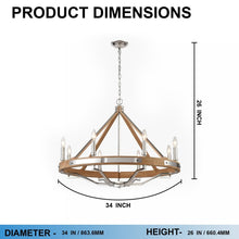 Load image into Gallery viewer, 8 - Light Farmhouse Chandelier, E12 Base, Polished Nickel Finish Hardware with Nature Solid Ashwood - 34“D x 26”H - LEDMyPlace