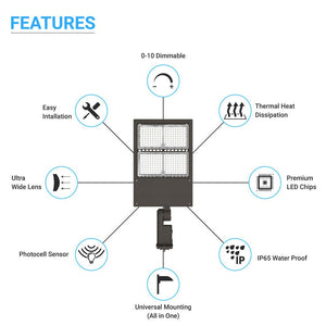 LED Pole Light with Dusk to Dawn Photocell 300W/240W/200W Wattage Adjustable, 5700K, 140 LM/W, AC120-277V Universal Mount Bronze Waterproof IP65, Parking Lot Lights - Outdoor Commercial Area Street Lighting