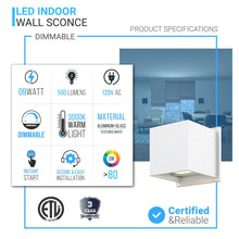 Load image into Gallery viewer, 9W Square Shape LED Wall Sconce, 3000K Warm White, 500LM, Clear Glass, Wall Mount, 120V Triac Dimmable ETL Damp Location - LEDMyPlace