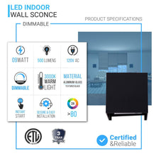 Load image into Gallery viewer, 9W Square Shape LED Wall Sconce, 3000K Warm White, 500LM, Clear Glass, Wall Mount, 120V Triac Dimmable ETL Damp Location - LEDMyPlace