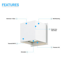 Load image into Gallery viewer, 9W Square Shape LED Wall Sconce, 3000K Warm White, 500LM, Clear Glass, Wall Mount, 120V Triac Dimmable ETL Damp Location - LEDMyPlace