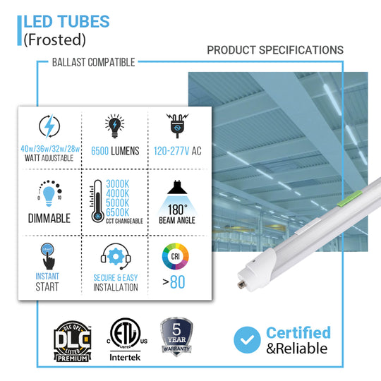T8 8ft LED Tube/Bulb - 48w/40w/36w/32w Wattage Adjustable, 130lm/w, 3000k/4000k/5000k/6500k CCT Changeable, Frosted, FA8 Single Pin, Double End Power - Ballast Bypass