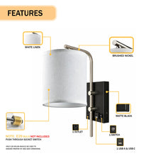 Load image into Gallery viewer, 6″W x 13″H Single Wall Lamp with White Linen Shade – Matte Black or Brushed Nickel Finish - 4 Pack