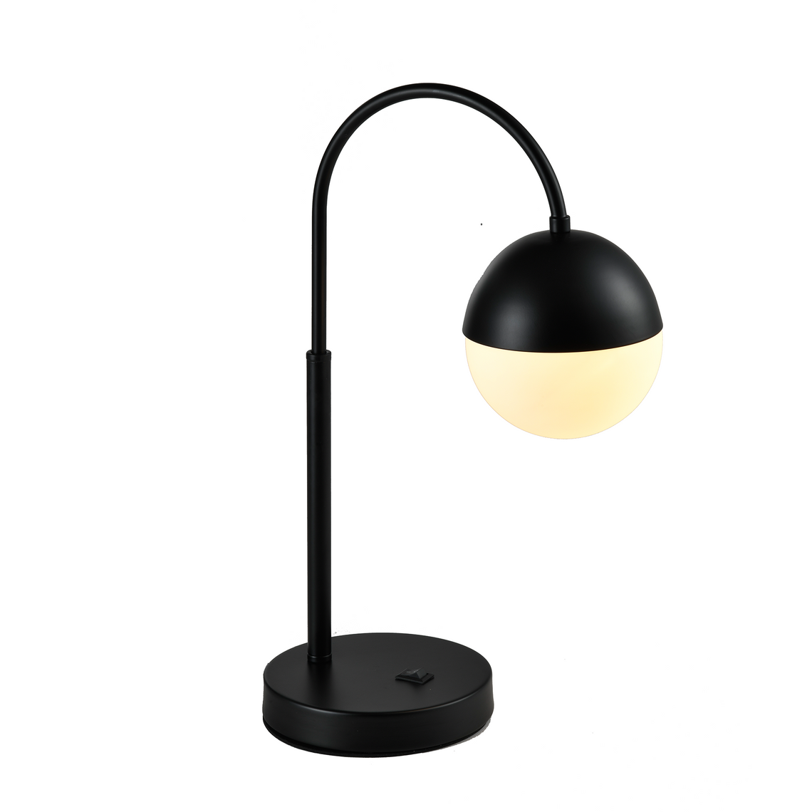 26 in. Black Arc Table Lamp with Black/White Sphere Shade, Material Iron & glass, ETL Certification, 110-220V, Rocker Switch, Task Table Lamp, E26 1 x 60W (Bulb Not Included)