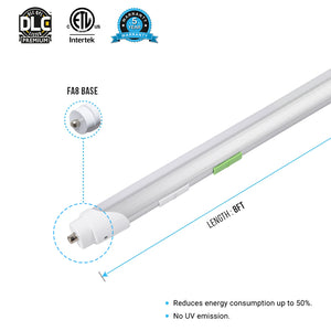 T8 8ft LED Tube/Bulb - 48w/40w/36w/32w Wattage Adjustable, 130lm/w, 3000k/4000k/5000k/6500k CCT Changeable, Clear, FA8 Single Pin, Double End Power - Ballast Bypass