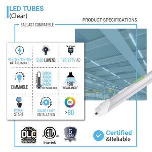 T8 8ft LED Tube/Bulb - 48w/40w/36w/32w Wattage Adjustable, 130lm/w, 3000k/4000k/5000k/6500k CCT Changeable, Clear, FA8 Single Pin, Double End Power - Ballast Bypass