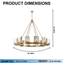 Load image into Gallery viewer, 12-Light Ring Chandelier Ceiling Light in Brass Finish with Clear Glass, 120V, Bulb Type B10, Socket Type E12, Max wattage Per Socket 60W - 50“D x 39”H