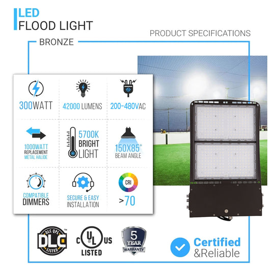 LED Flood Light 300 Watt 5700K IP65 42000 Lumens 200V-480V High Voltage Bronze
