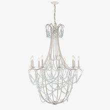 Load image into Gallery viewer, 10-Light Traditional Beaded Candle Chandelier Wash Wood Finish with Blue Crystal ,E12 Base - 34“D x 50”H
