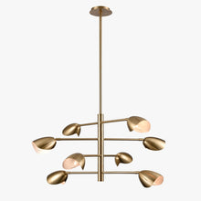 Load image into Gallery viewer, 8-Light Chandelier Ceiling Light, Curved Disk Shades, Brass Finish Hardware,  120V, Bulb Type B10, Socket type E12, Max wattage Per Socket 60W - 33.5”D x 18.5“H