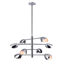 Load image into Gallery viewer, 8-Light Chandelier Ceiling Light, Curved Disk Shades, Chrome Finish Hardware, 120V, Bulb Type B10, Socket type E12, Max wattage Per Socket 60W - 33.5”D x 18.5“H