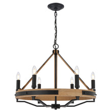 Load image into Gallery viewer, 6-Light Farmhouse Chandelier, E12 Base, Matte black Finish Hardware with Nature Solid Ashwood - 26“D x 22”H