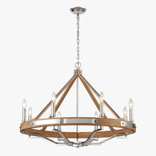 Load image into Gallery viewer, 8-Light Farmhouse Chandelier, E12 Base, Polished Nickel Finish Hardware with Nature Solid Ashwood - 34“D x 26”H