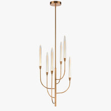 Load image into Gallery viewer, 6 LED Lights Farmhouse Candle Chandeliers Satin Brass Finish Hardware with Hand Made Crystal - 20”D x 41“H