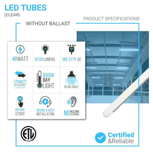 T8 8ft LED Tube/Bulb - 32/36/40/48W Wattage Adjustable, 130lm/w, 3000K/4000K/5000K/6500K CCT Changeable, Clear, R17D Base,- Ballast Bypass