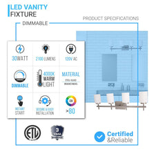 Load image into Gallery viewer, Brushed Nickel Bathroom Light Fixtures with Opal Glass Shades, Wall Mount, 4000K (Cool White), Vanity Lighting, ETL Listed, Cylinder Shape Bath Bar Light - LEDMyPlace