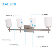 Load image into Gallery viewer, Brushed Nickel Bathroom Light Fixtures with Opal Glass Shades, Wall Mount, 4000K (Cool White), Vanity Lighting, ETL Listed, Cylinder Shape Bath Bar Light - LEDMyPlace