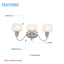Load image into Gallery viewer, Clear Glass Bathroom Light Fixtures, Wall Mount, 2 - Head/3 - Head, E26 Base Brushed Nickel Finish, Vanity Lighting - LEDMyPlace