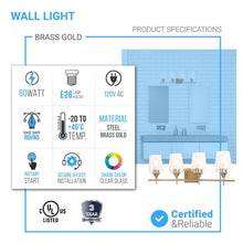 Load image into Gallery viewer, Clear Glass Shade Bathroom Light Fixtures, Bell Shape with Brass Gold Finish Vanity Lighting, E26 Base, UL Listed for Damp Location, Bathroom Wall Sconces - LEDMyPlace