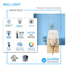 Load image into Gallery viewer, Clear Glass Shade Bathroom Light Fixtures, Bell Shape with Brass Gold Finish Vanity Lighting, E26 Base, UL Listed for Damp Location, Bathroom Wall Sconces - LEDMyPlace