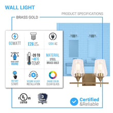 Load image into Gallery viewer, Clear Glass Shade Bathroom Light Fixtures, Bell Shape with Brass Gold Finish Vanity Lighting, E26 Base, UL Listed for Damp Location, Bathroom Wall Sconces - LEDMyPlace