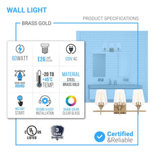 Load image into Gallery viewer, Clear Glass Shade Bathroom Light Fixtures, Bell Shape with Brass Gold Finish Vanity Lighting, E26 Base, UL Listed for Damp Location, Bathroom Wall Sconces - LEDMyPlace