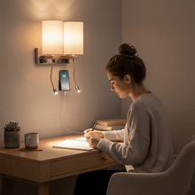 Load image into Gallery viewer, Double Head Acrylic Wall Sconce, Brushed Nickel Finish, With LED 2*1W, 1 USB, 2 Switches &amp; 2 outlet, Bedside Wall Lights with Reading Lamp, for Bedroom Living Room Hotels - LEDMyPlace