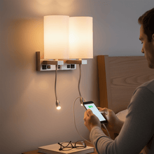 Load image into Gallery viewer, Double Head Acrylic Wall Sconce, Brushed Nickel Finish, With LED 2*1W, 1 USB, 2 Switches &amp; 2 outlet, Bedside Wall Lights with Reading Lamp, for Bedroom Living Room Hotels - LEDMyPlace