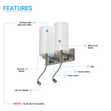 Load image into Gallery viewer, Double Head Acrylic Wall Sconce, Brushed Nickel Finish, With LED 2*1W, 1 USB, 2 Switches &amp; 2 outlet, Bedside Wall Lights with Reading Lamp, for Bedroom Living Room Hotels - LEDMyPlace