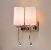 Load image into Gallery viewer, Double Head Acrylic Wall Sconce, Brushed Nickel Finish, With LED 2*1W, 1 USB, 2 Switches &amp; 2 outlet, Bedside Wall Lights with Reading Lamp, for Bedroom Living Room Hotels - LEDMyPlace