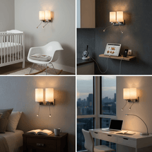 Load image into Gallery viewer, Double Head Acrylic Wall Sconce, Brushed Nickel Finish, With LED 2*1W, 1 USB, 2 Switches &amp; 2 outlet, Bedside Wall Lights with Reading Lamp, for Bedroom Living Room Hotels - LEDMyPlace