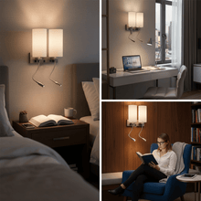 Load image into Gallery viewer, Double Head Acrylic Wall Sconce, Brushed Nickel Finish, With LED 2*1W, 1 USB, 2 Switches &amp; 2 outlet, Bedside Wall Lights with Reading Lamp, for Bedroom Living Room Hotels - LEDMyPlace