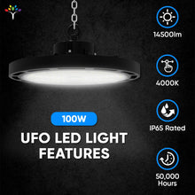 Load image into Gallery viewer, Gen13 100W UFO LED High Bay Light, 4000K, AC120 - 277V, 90° PC lens, IP65 Factory Warehouse Industrial Lighting, Black - LEDMyPlace